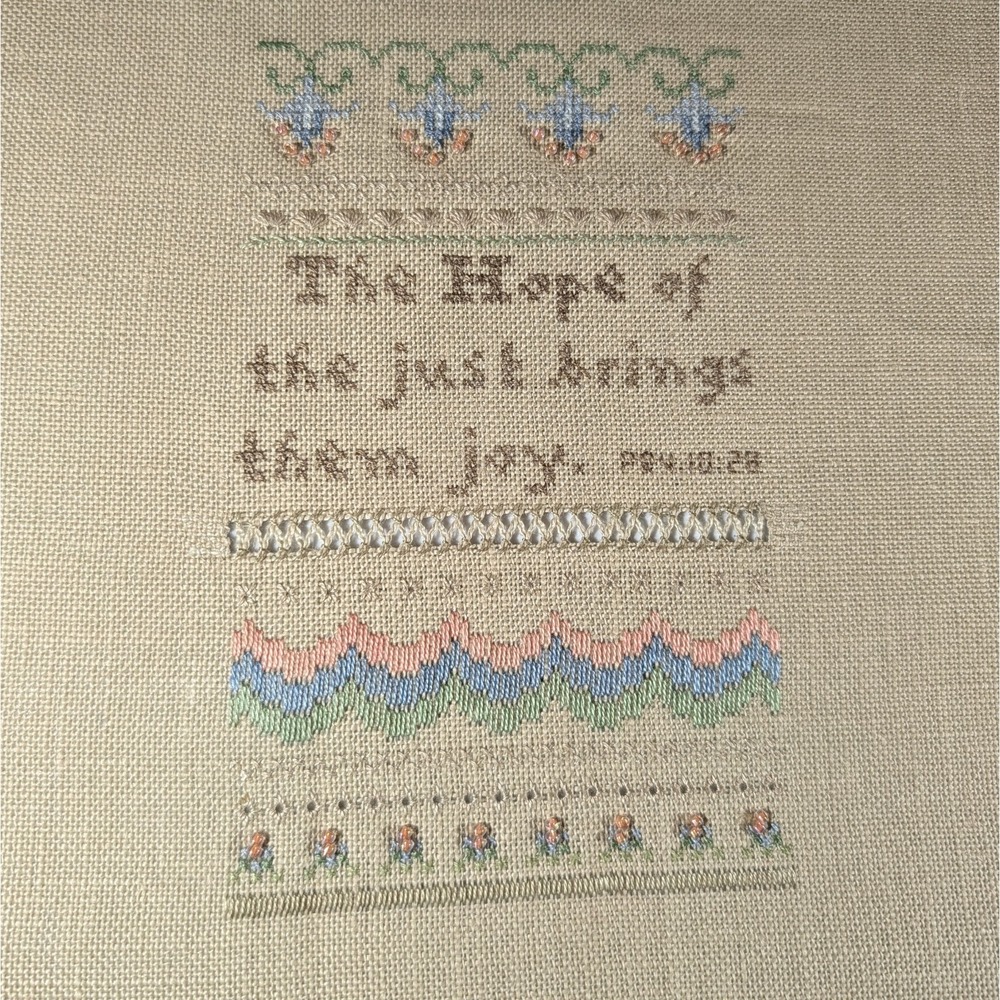 Vintage Cross Stitch Sampler Petit Point Beaded Linen Bible Verse Hope Joy